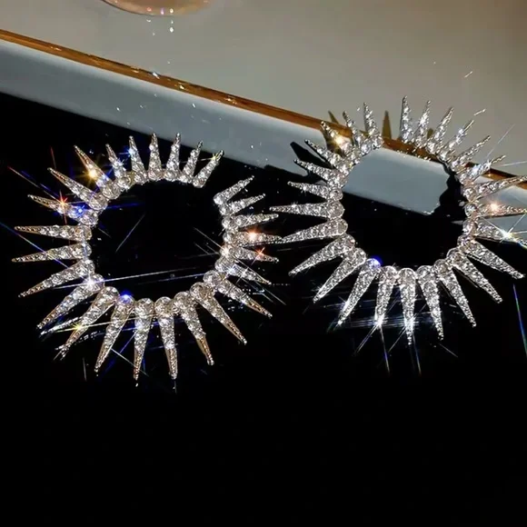 Lux! Silver Spike Rhinestone Hoop Earring – 40mm Statement Sparkle Circle - Picture 6 of 14